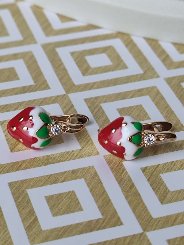 Сережки дитячі полунички з камінцем, кольорова емаль