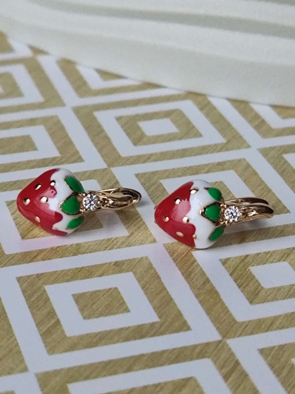 Сережки дитячі полунички з камінцем, кольорова емаль