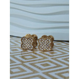 Сережки двосторонні в стилі «Конюшина», каміння та зелена емаль, золотисті