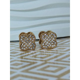 Сережки двосторонні в стилі «Конюшина», каміння та зелена емаль, золотисті