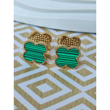 Сережки двосторонні в стилі «Конюшина», каміння та зелена емаль, золотисті