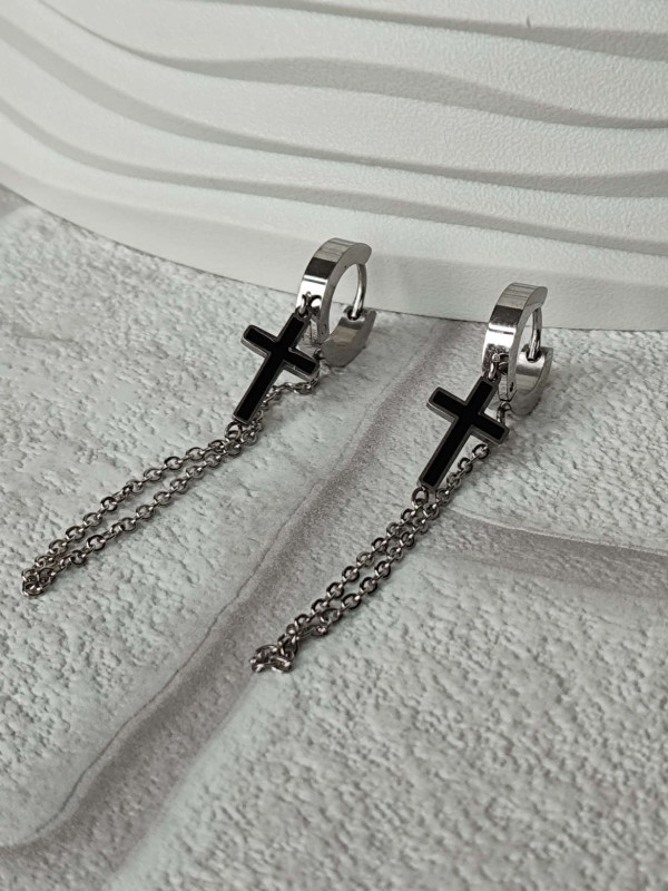 Сріблясті сережки-підвіски хрестики з нержавіючої сталі, покриття родій