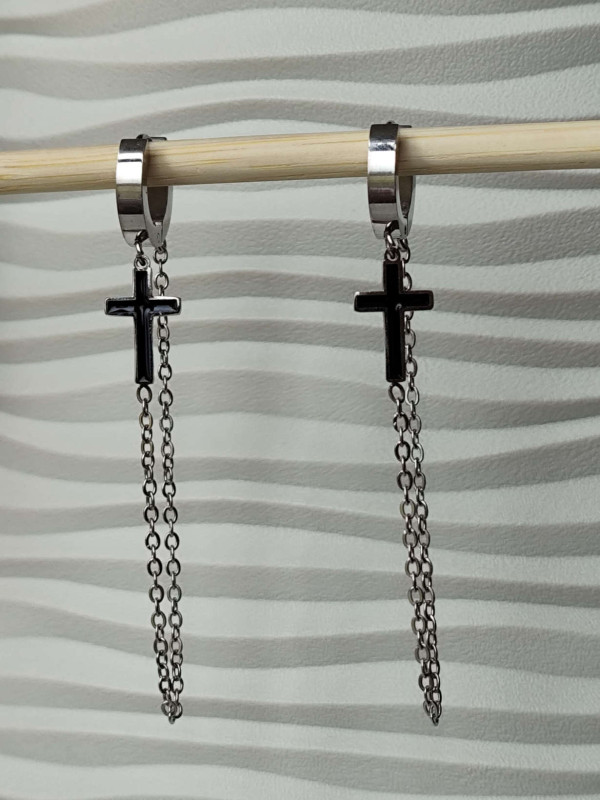 Сріблясті сережки-підвіски хрестики з нержавіючої сталі, покриття родій